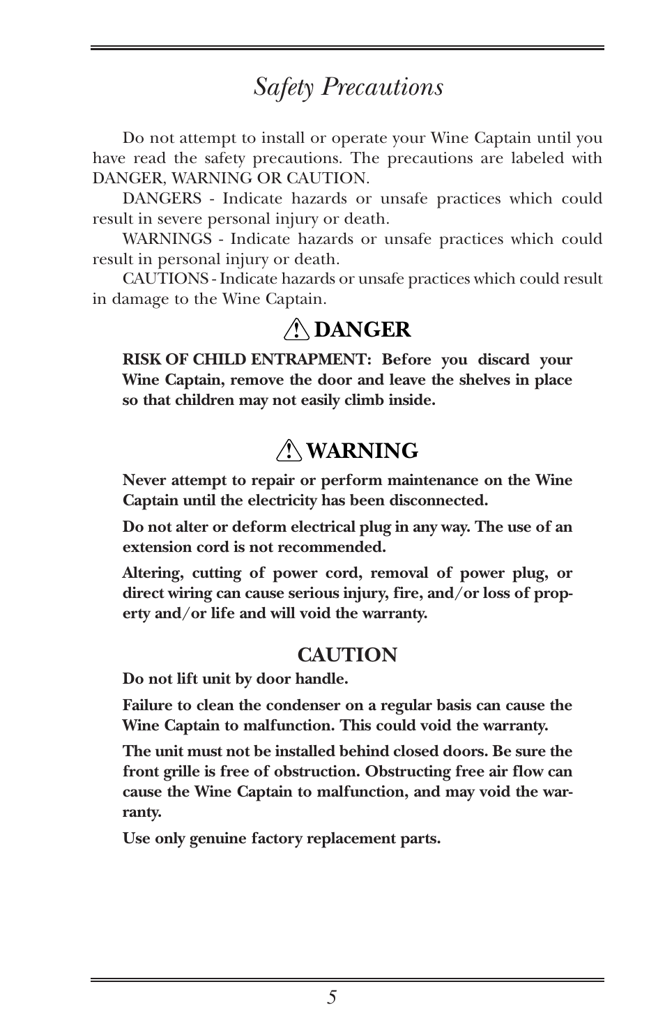 Safety precautions, Warning, Danger | Caution | U-Line Wine Captain Cooler User Manual | Page 10 / 18