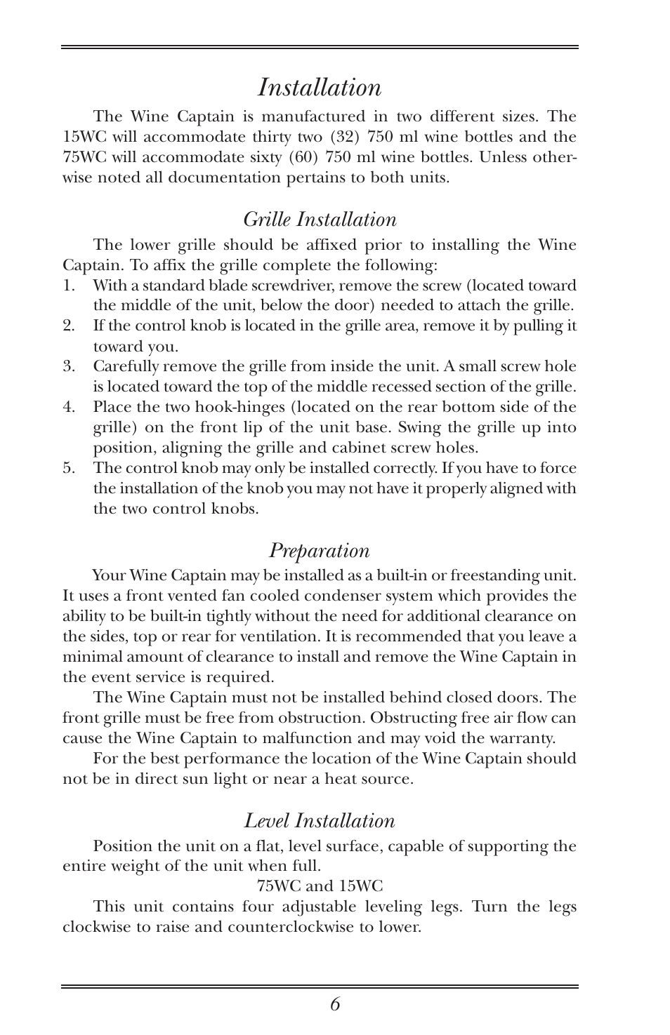 Installation, Grille installation, Preparation | Level installation, Grille installation preparation level installation | U-Line Wine Captain Cooler User Manual | Page 11 / 18