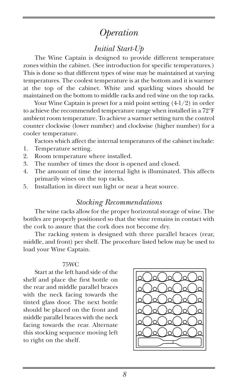 Operation, Initial start-up, Stocking recommendations | Initial start-up stocking recommendations | U-Line Wine Captain Cooler User Manual | Page 13 / 18