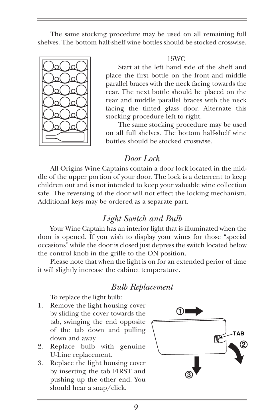 Door lock, Light switch and bulb, Bulb replacement | Door lock light switch and bulb bulb replacement | U-Line Wine Captain Cooler User Manual | Page 14 / 18