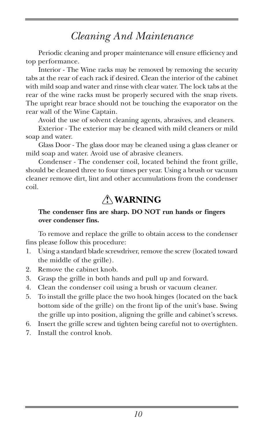 Cleaning and maintenance, Warning | U-Line Wine Captain Cooler User Manual | Page 15 / 18