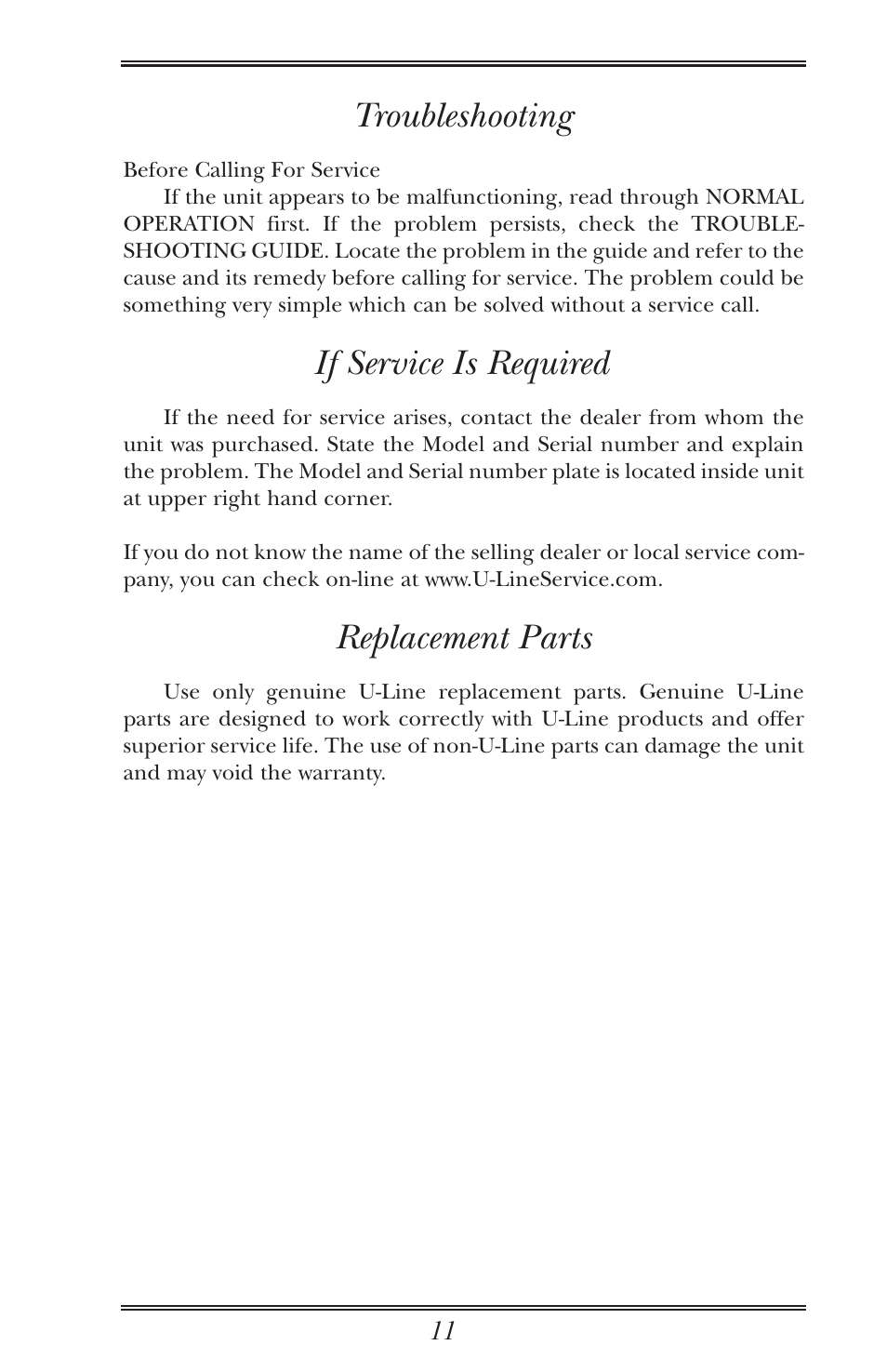 Troubleshooting, If service is required, Replacement parts | U-Line Wine Captain Cooler User Manual | Page 16 / 18