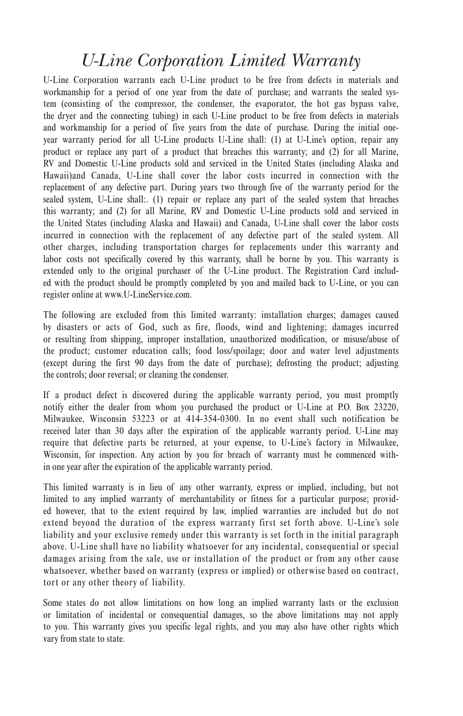 U-line corporation limited warranty | U-Line Wine Captain Cooler User Manual | Page 5 / 18