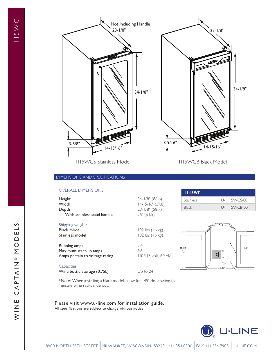 111 5 w c, Win e c ap t a in, Mo de l s | U-Line CAPTAIN 1115WC User Manual | Page 2 / 2