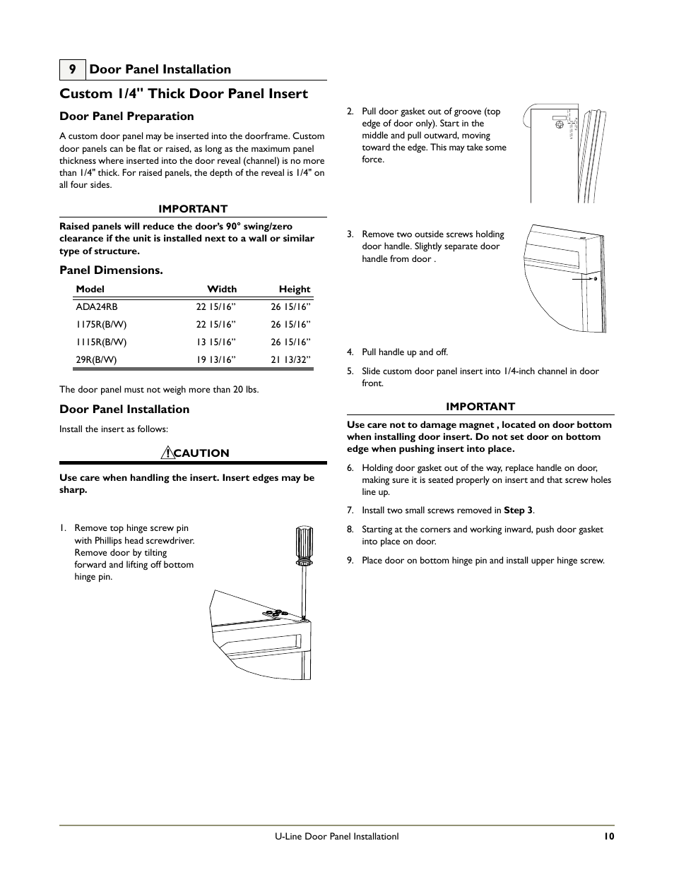 Custom 1/4'' thick door panel insert, 9 door panel installation | U-Line 75F User Manual | Page 12 / 14