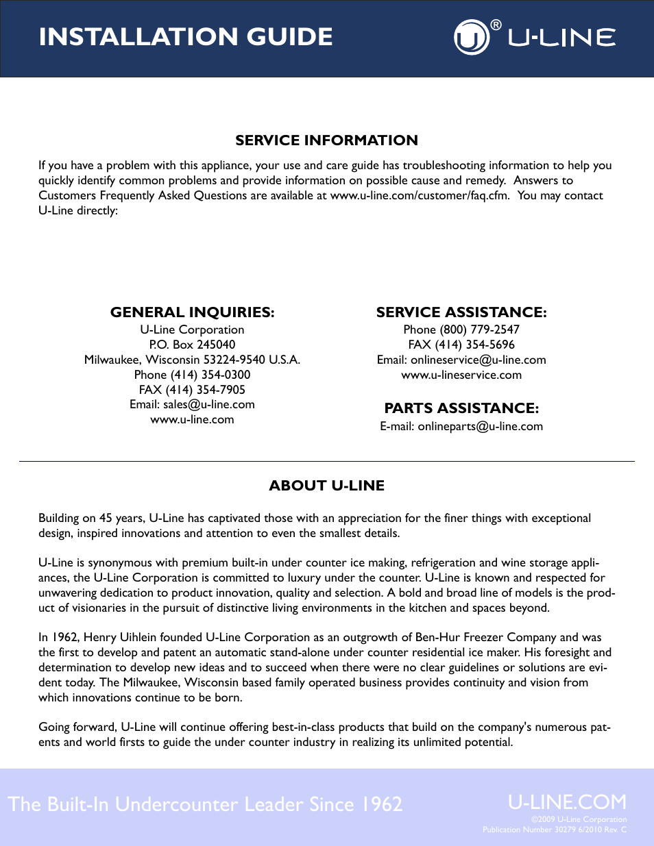 Installation guide, The built-in undercounter leader since 1962 | U-Line 75F User Manual | Page 14 / 14