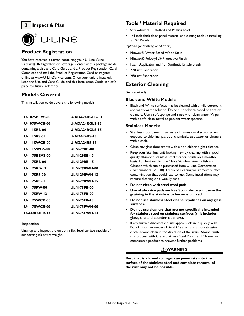 Product registration, Models covered, Tools / material required | Exterior cleaning, 3 inspect & plan | U-Line 75F User Manual | Page 4 / 14