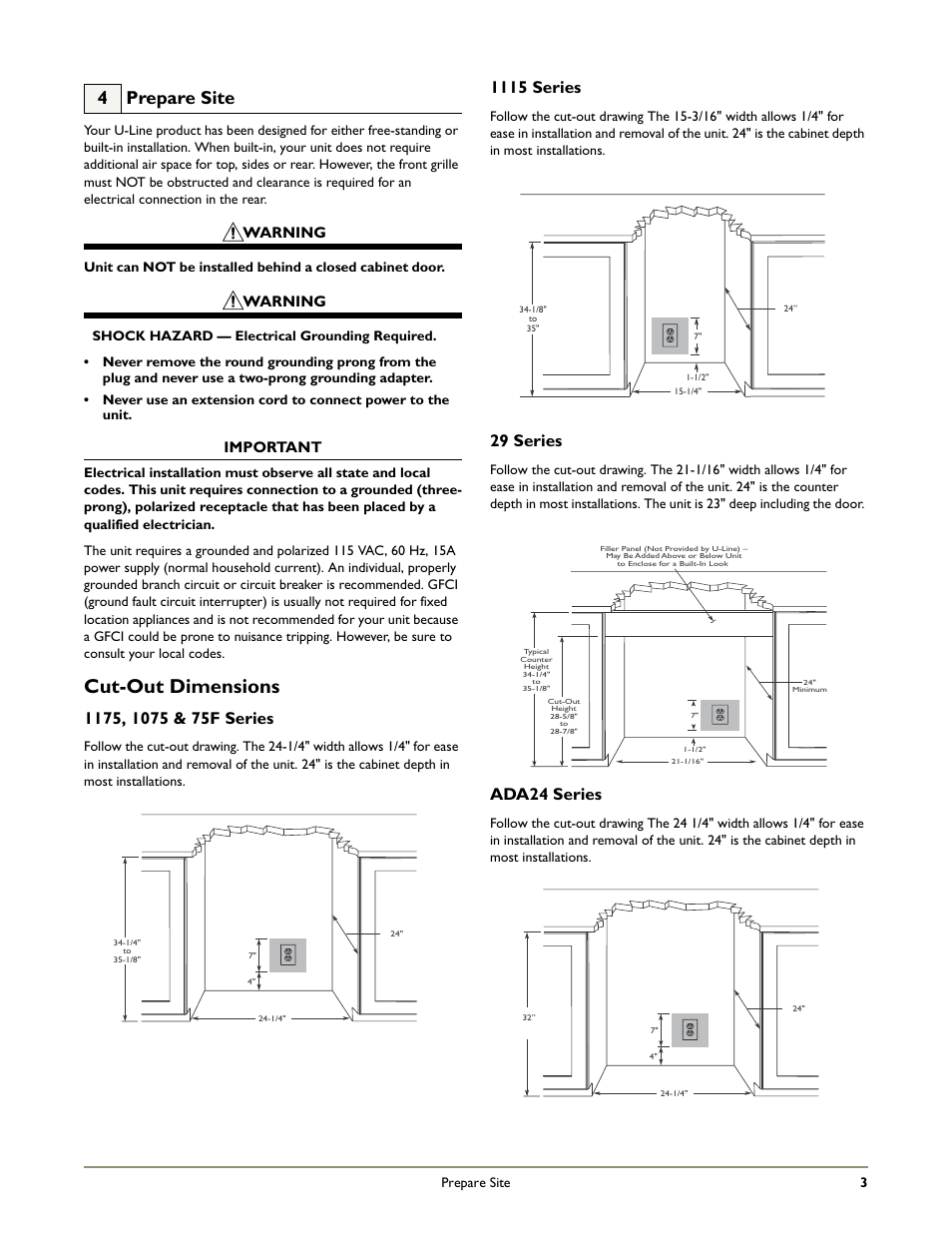 Cut-out dimensions, 4 prepare site, 1115 series | 29 series, Ada24 series, Warning, Important | U-Line 75F User Manual | Page 5 / 14