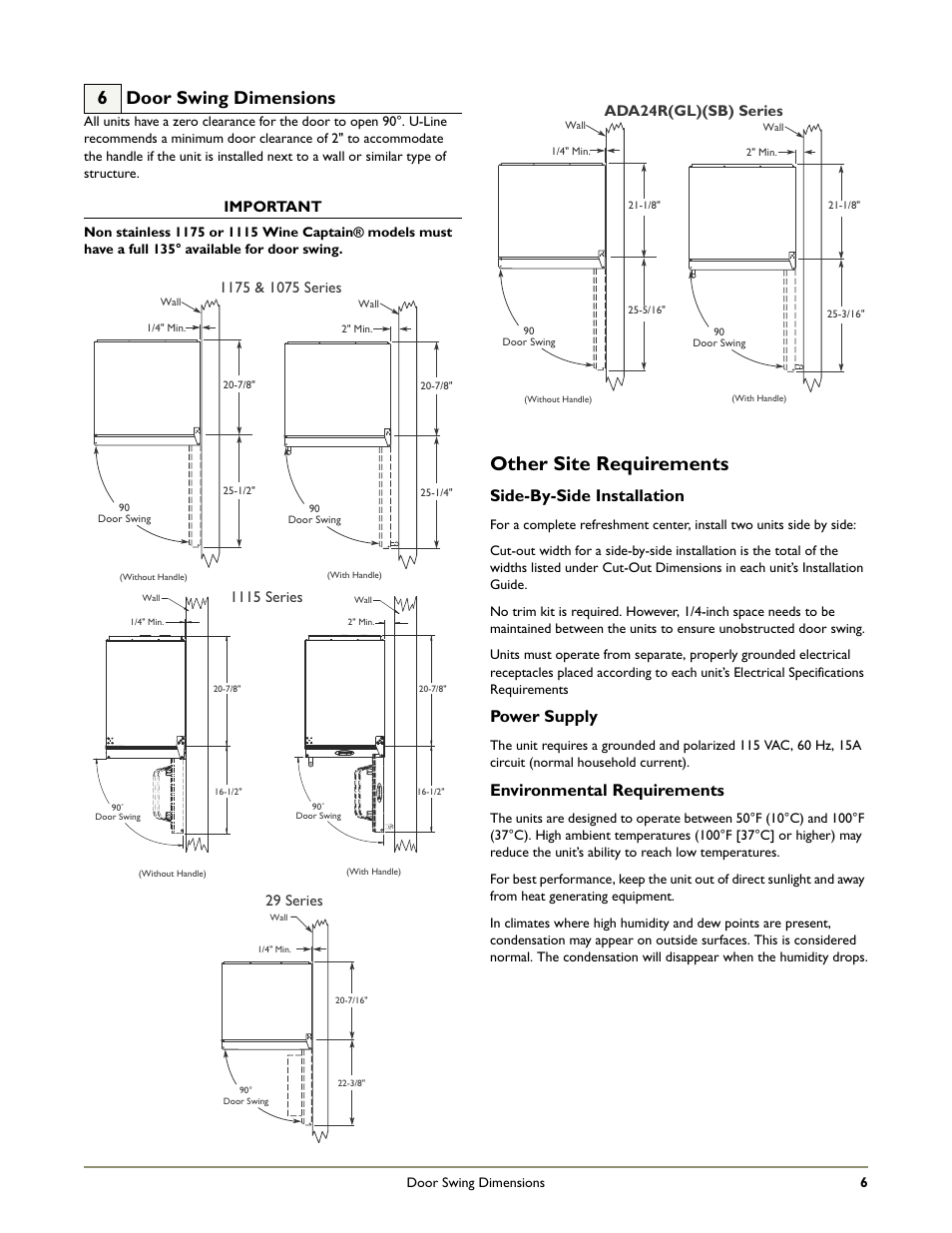 Other site requirements, 6 door swing dimensions, Side-by-side installation | Power supply, Environmental requirements, Important, 1115 series, 29 series, Ada24r(gl)(sb) series | U-Line 75F User Manual | Page 8 / 14