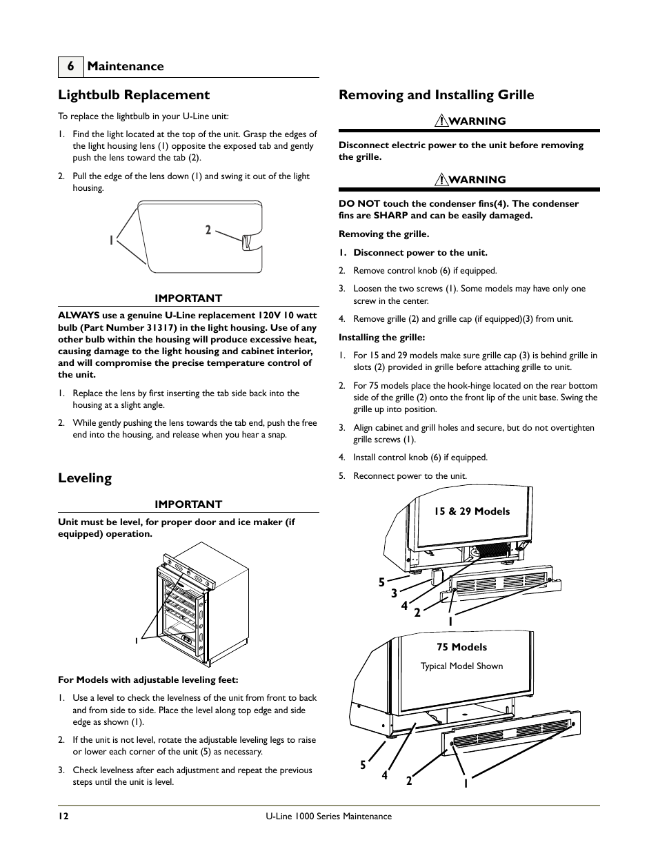 Lightbulb replacement, Removing and installing grille, Leveling | U-Line 1115R User Manual | Page 14 / 24