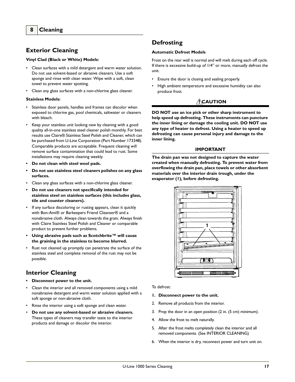 Exterior cleaning, Interior cleaning, Defrosting | 8 cleaning | U-Line 1115R User Manual | Page 19 / 24