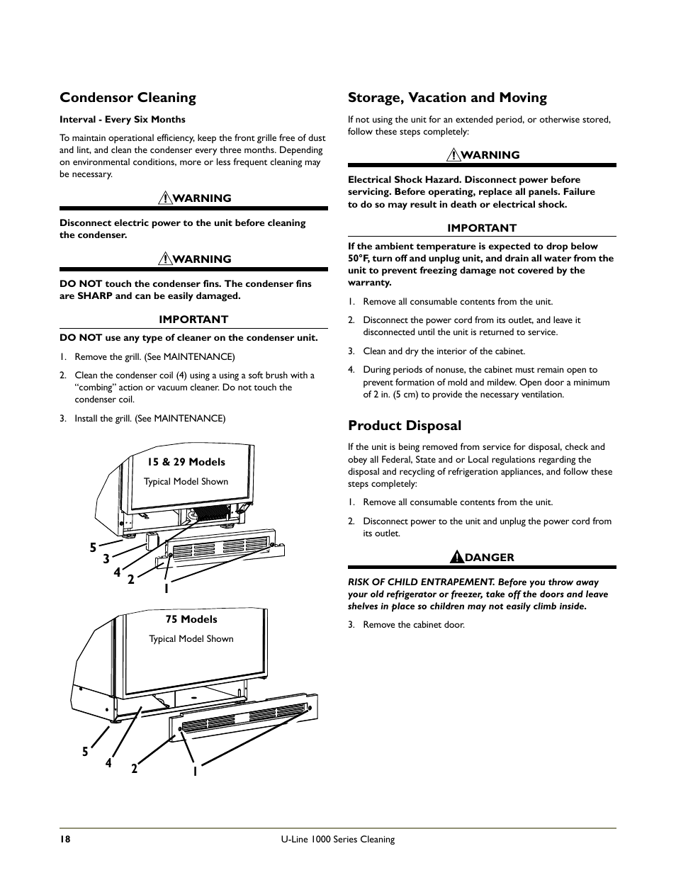 Condensor cleaning, Storage, vacation and moving, Product disposal | U-Line 1115R User Manual | Page 20 / 24