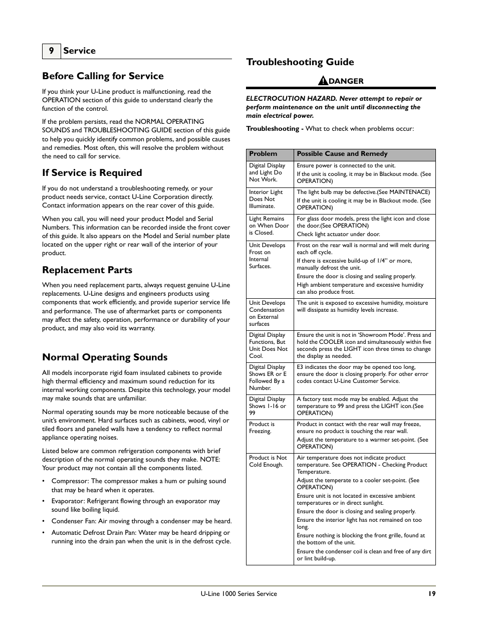 Before calling for service, If service is required, Replacement parts | Normal operating sounds, Troubleshooting guide, 9 service | U-Line 1115R User Manual | Page 21 / 24