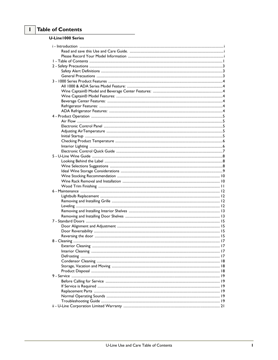 1 table of contents | U-Line 1115R User Manual | Page 3 / 24