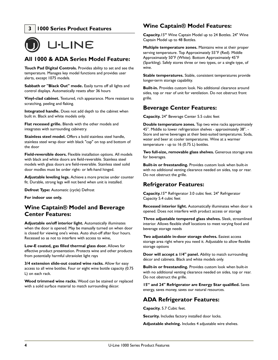 All 1000 & ada series model feature, Wine captain® model and beverage center features, Wine captain® model features | Beverage center features, Refrigerator features, Ada refrigerator features | U-Line 1115R User Manual | Page 6 / 24