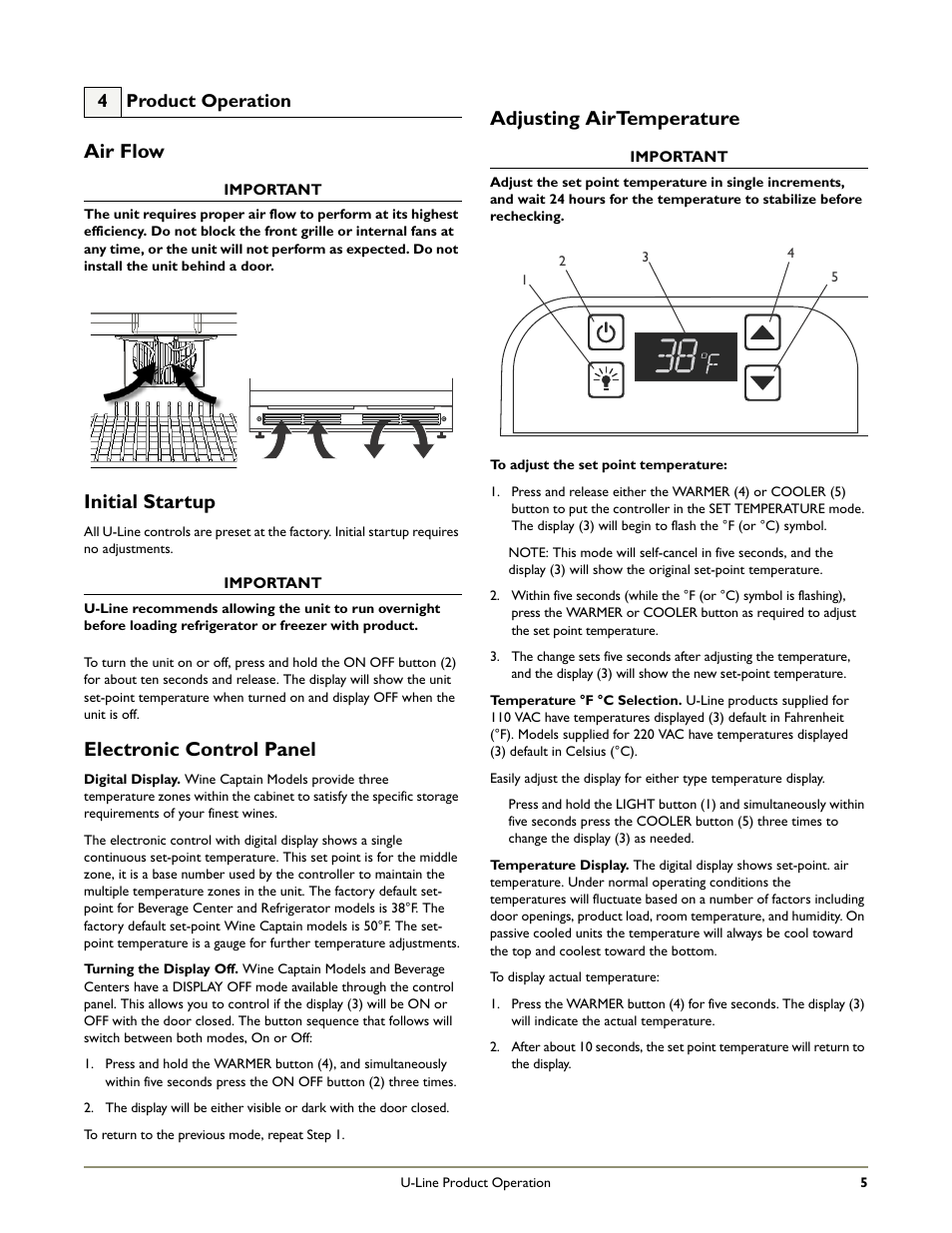 Air flow, Electronic control panel, Adjusting airtemperature | Initial startup | U-Line 1115R User Manual | Page 7 / 24