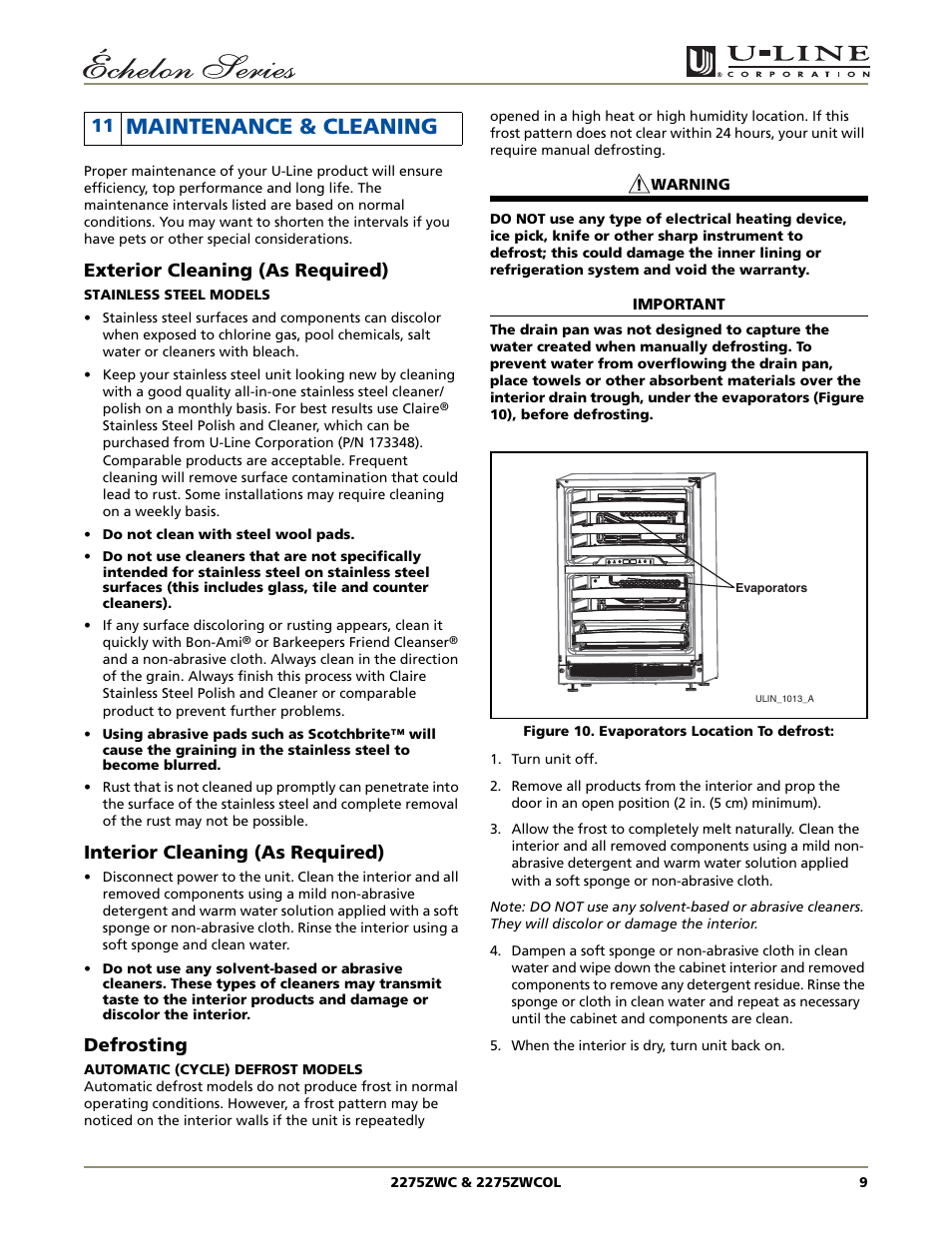 Maintenance & cleaning, Exterior cleaning (as required), Interior cleaning (as required) | Defrosting | U-Line 2275ZWC User Manual | Page 11 / 20