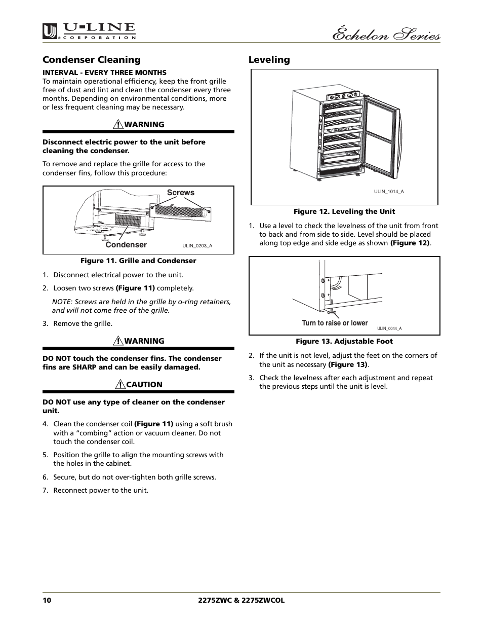 Condenser cleaning, Leveling | U-Line 2275ZWC User Manual | Page 12 / 20