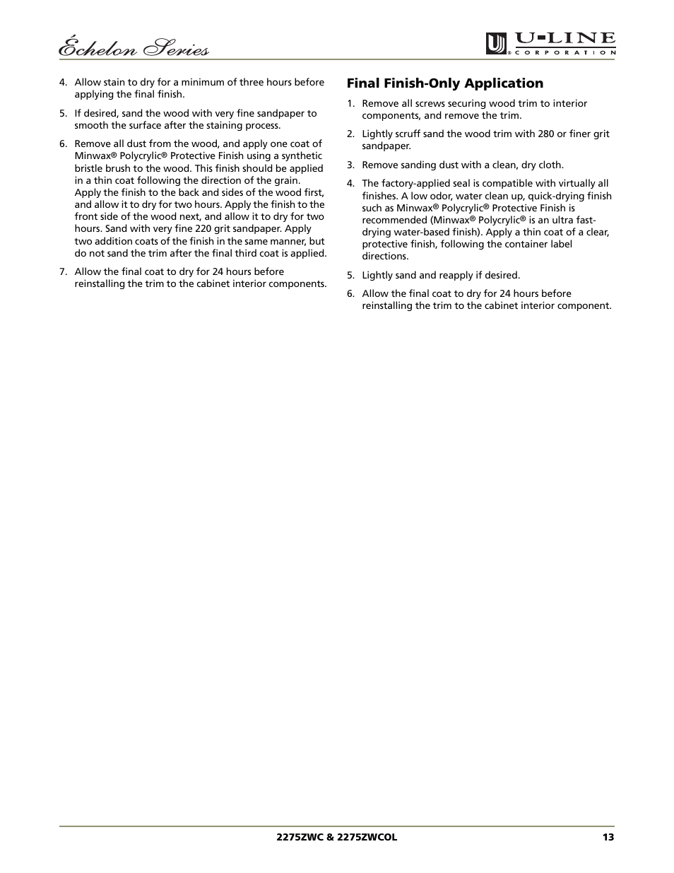 Final finish-only application | U-Line 2275ZWC User Manual | Page 15 / 20