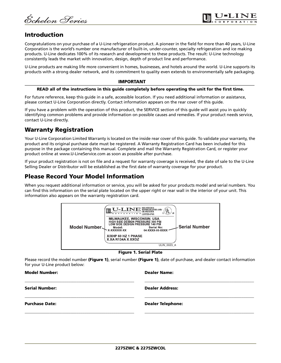 Introduction, Warranty registration, Please record your model information | U-Line 2275ZWC User Manual | Page 2 / 20