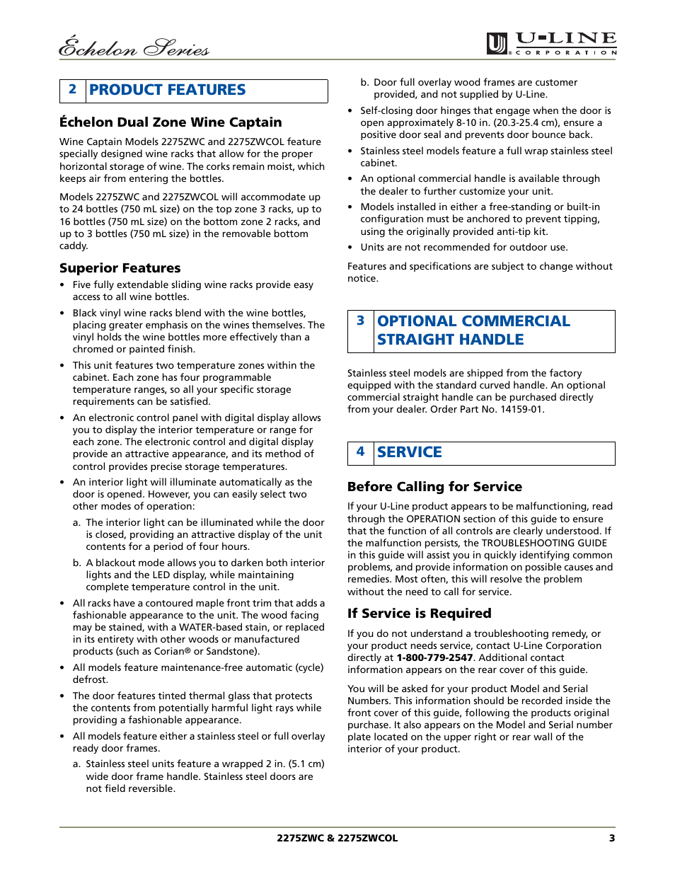 Product features, Optional commercial straight handle, Service | U-Line 2275ZWC User Manual | Page 5 / 20