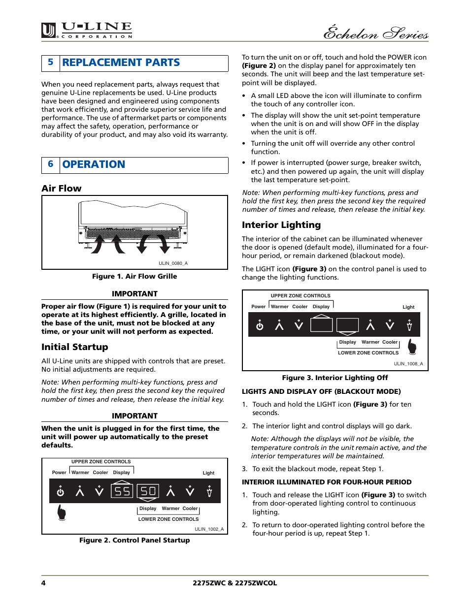 Replacement parts, Operation, Air flow | Initial startup, Interior lighting | U-Line 2275ZWC User Manual | Page 6 / 20
