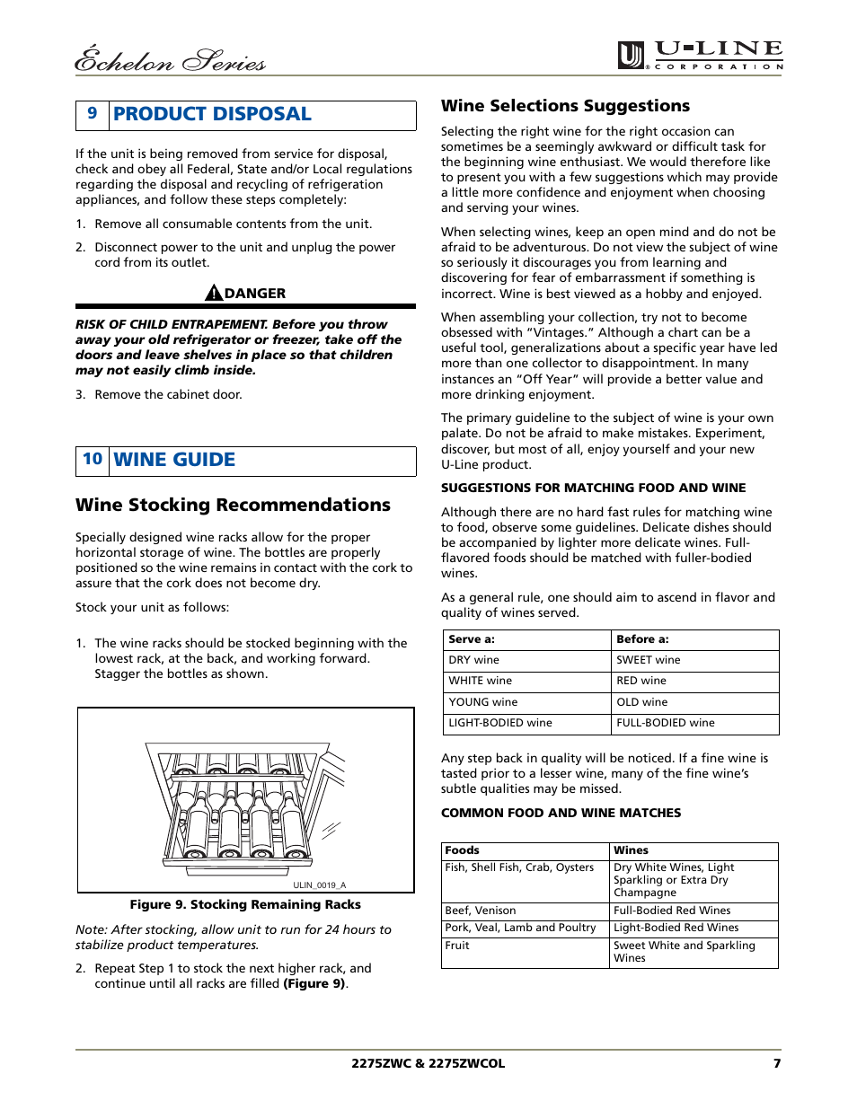 Product disposal, Wine guide, Wine stocking recommendations | Wine selections suggestions | U-Line 2275ZWC User Manual | Page 9 / 20