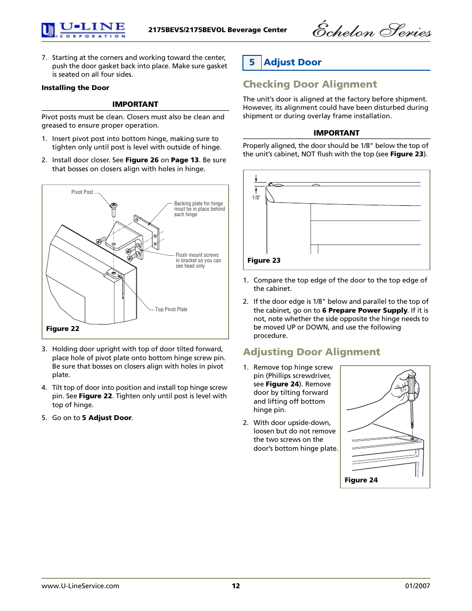 Checking door alignment, Adjusting door alignment, 5 adjust door | U-Line 2175BEVS User Manual | Page 12 / 16