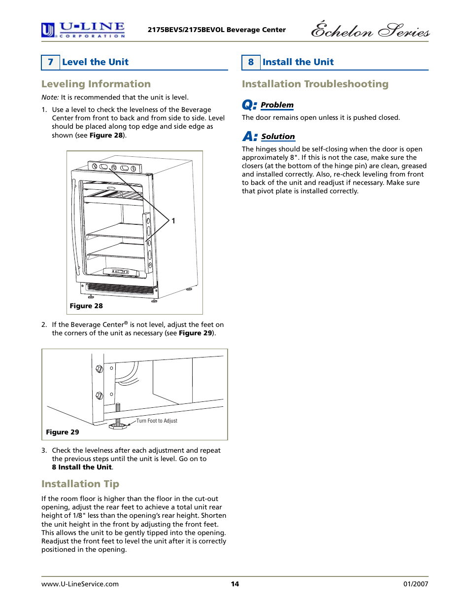 Leveling information, Installation tip, Installation troubleshooting | U-Line 2175BEVS User Manual | Page 14 / 16
