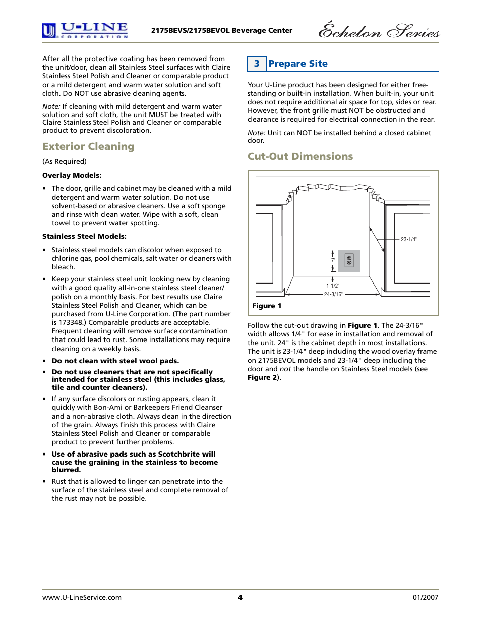 Exterior cleaning, Cut-out dimensions, 3 prepare site | U-Line 2175BEVS User Manual | Page 4 / 16