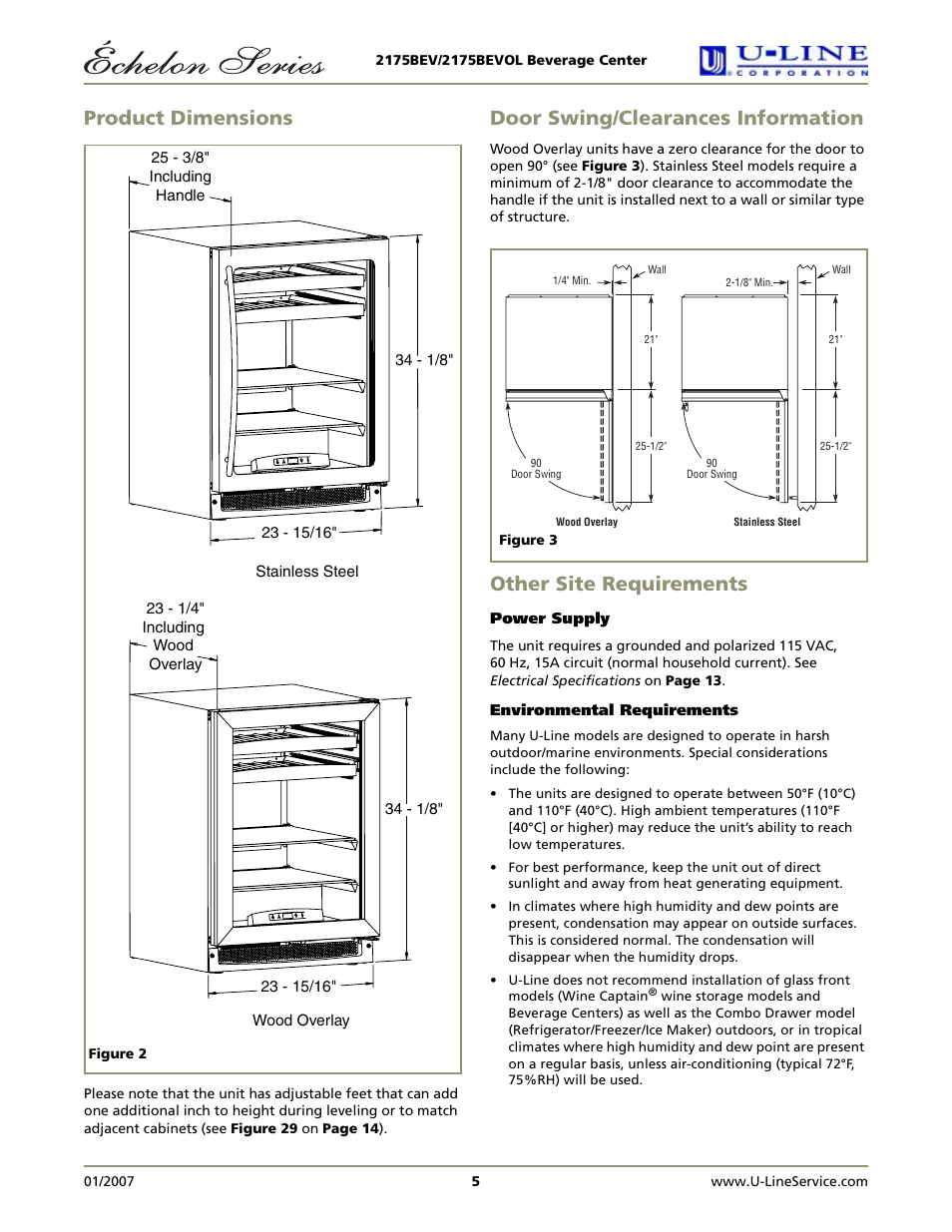 Product dimensions, Door swing/clearances information, Other site requirements | U-Line 2175BEVS User Manual | Page 5 / 16