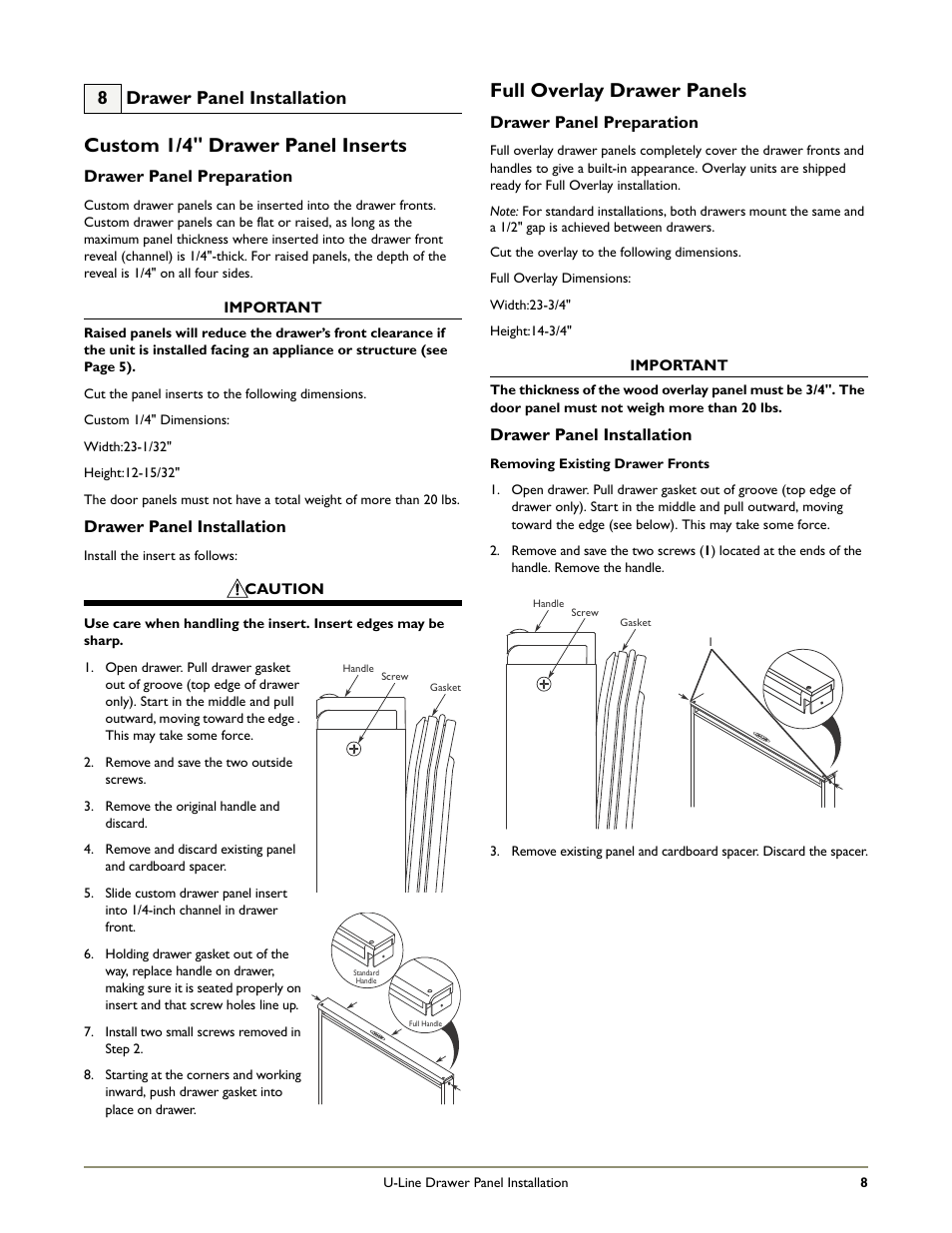 Custom 1/4" drawer panel inserts, Full overlay drawer panels, 8 drawer panel installation | U-Line 2275DWRW User Manual | Page 10 / 17