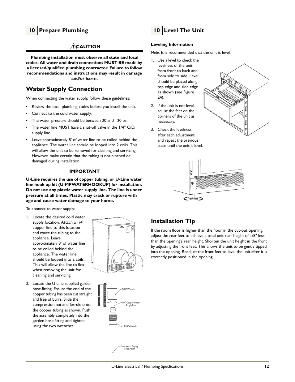 Water supply connection, Installation tip, 10 prepare plumbing | 10 level the unit | U-Line 2275DWRW User Manual | Page 14 / 17