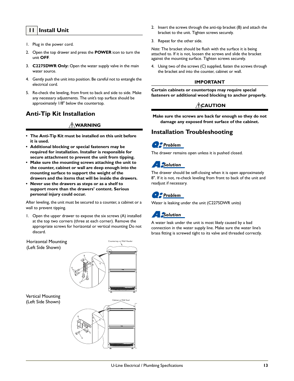 Anti-tip kit installation, Installation troubleshooting, 11 install unit | U-Line 2275DWRW User Manual | Page 15 / 17