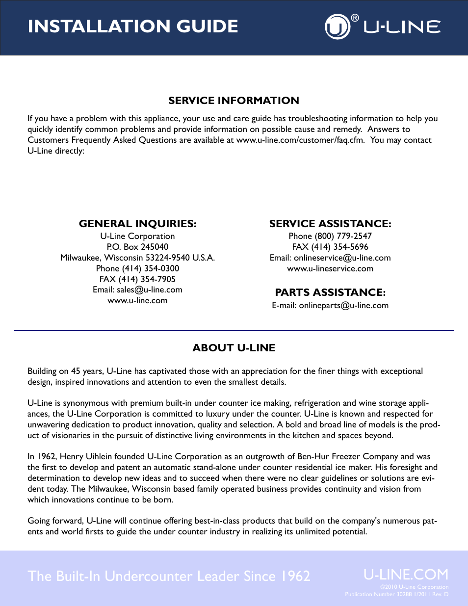 Installation guide, The built-in undercounter leader since 1962 | U-Line 2275DWRW User Manual | Page 17 / 17