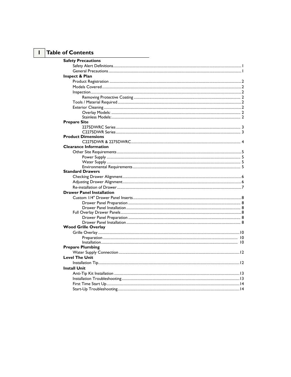 1 table of contents | U-Line 2275DWRW User Manual | Page 2 / 17