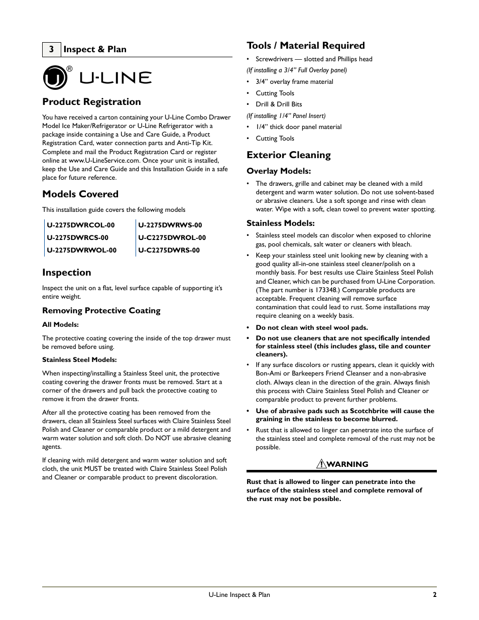 Product registration, Models covered, Inspection | Tools / material required, Exterior cleaning | U-Line 2275DWRW User Manual | Page 4 / 17