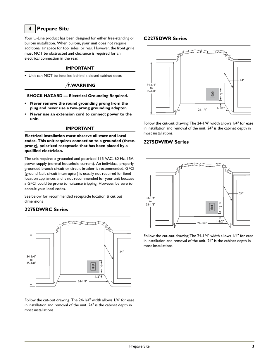 4 prepare site, 2275dwrc series, C2275dwr series | 2275dwrw series | U-Line 2275DWRW User Manual | Page 5 / 17