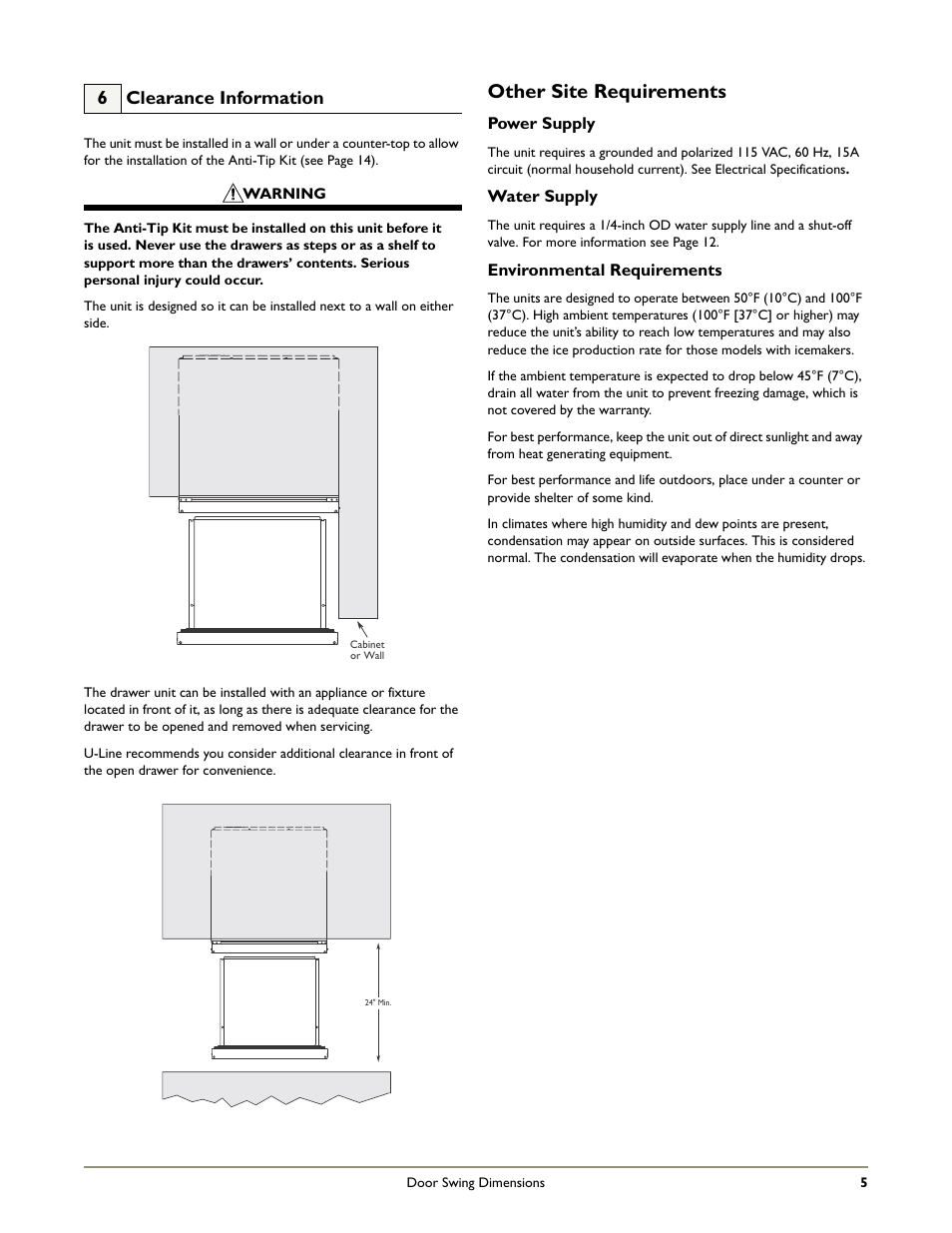 Other site requirements, 6 clearance information | U-Line 2275DWRW User Manual | Page 7 / 17