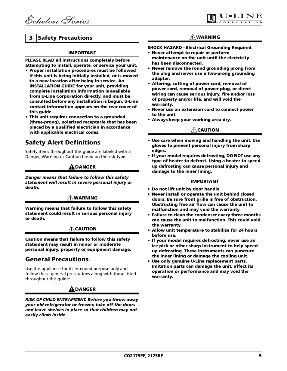 Safety alert definitions, General precautions, 3 safety precautions | U-Line CO2175RF User Manual | Page 5 / 24
