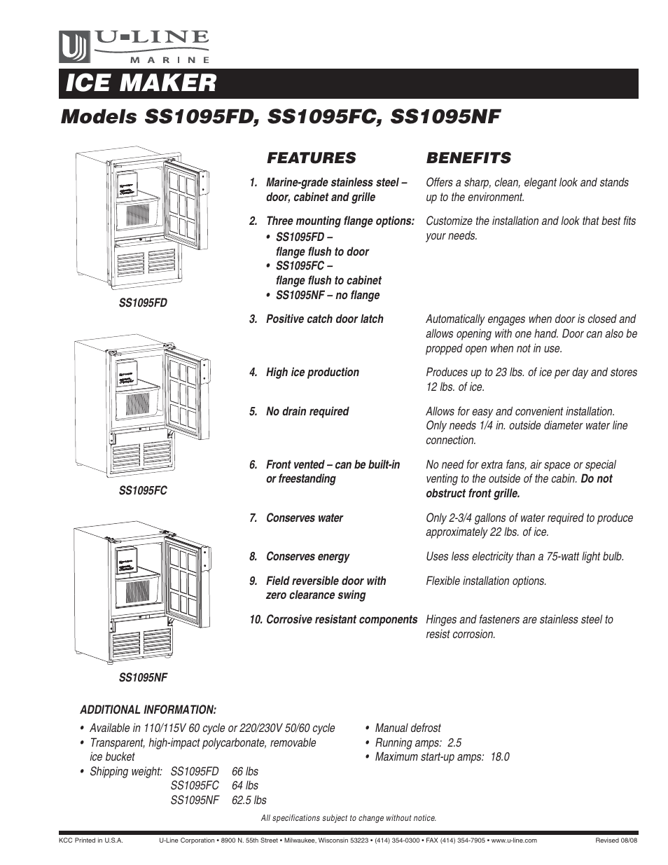 U-Line SS1095NF User Manual | 2 pages