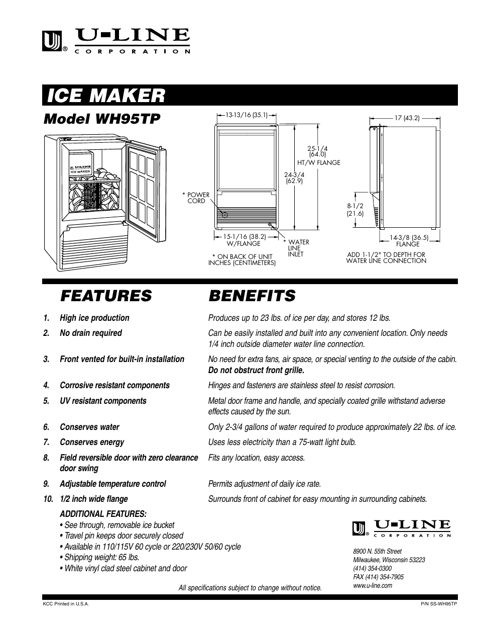 U-Line WH95TP User Manual | 1 page
