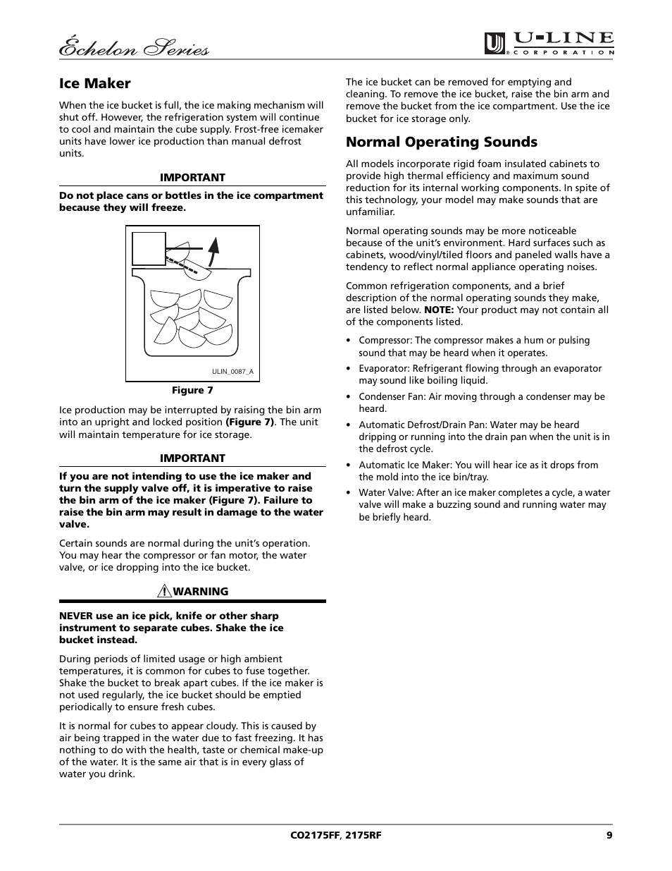 Ice maker, Normal operating sounds | U-Line CO2175FF User Manual | Page 9 / 24
