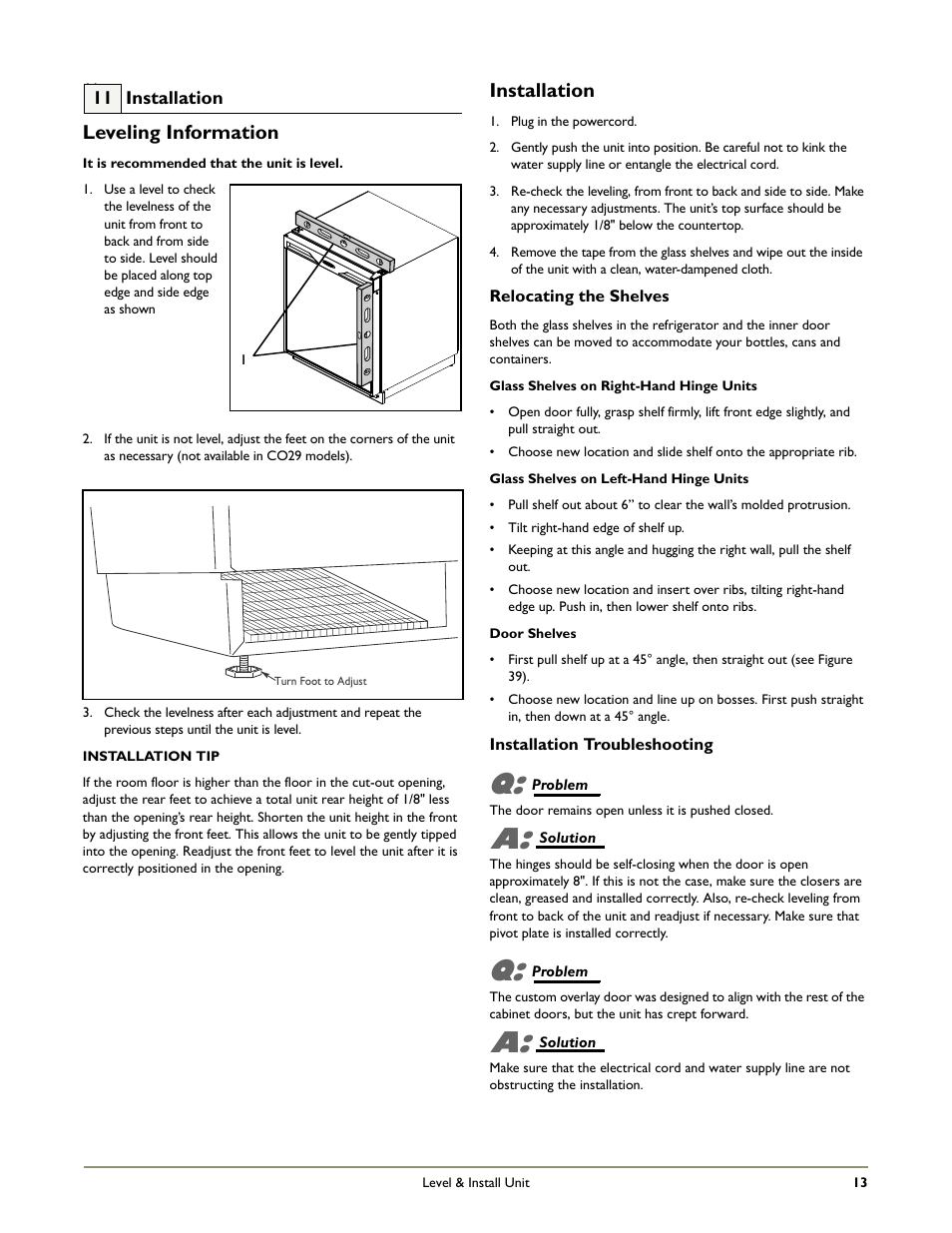 Leveling information, Installation | U-Line 1175WC User Manual | Page 15 / 16