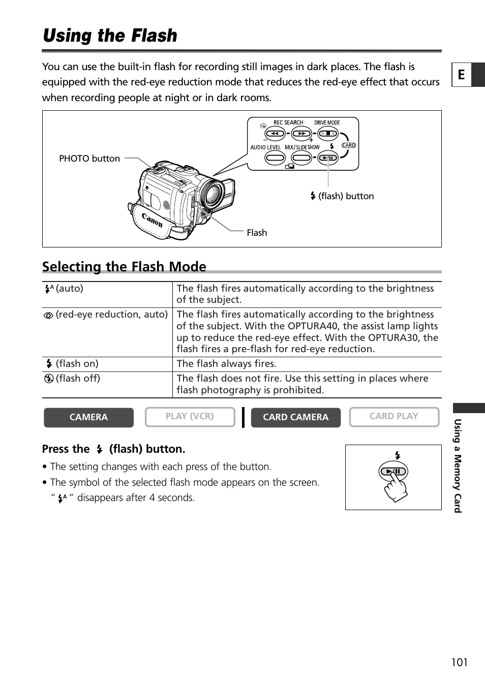 Using the flash, Selecting the flash mode | U-Line 30 User Manual | Page 101 / 166