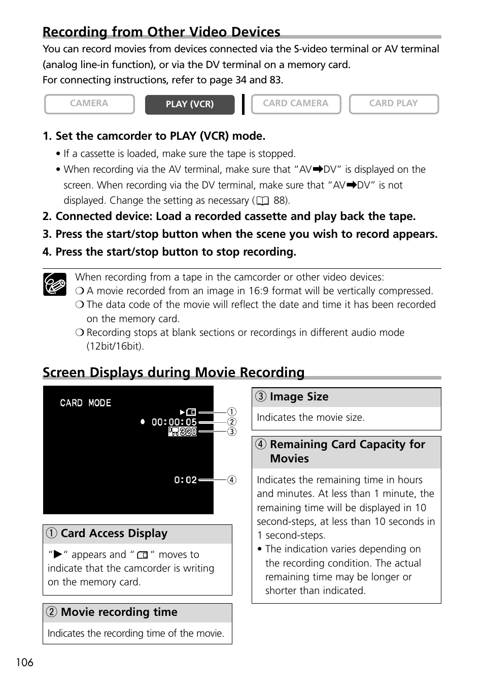 Screen displays during movie recording, Recording from other video devices | U-Line 30 User Manual | Page 106 / 166