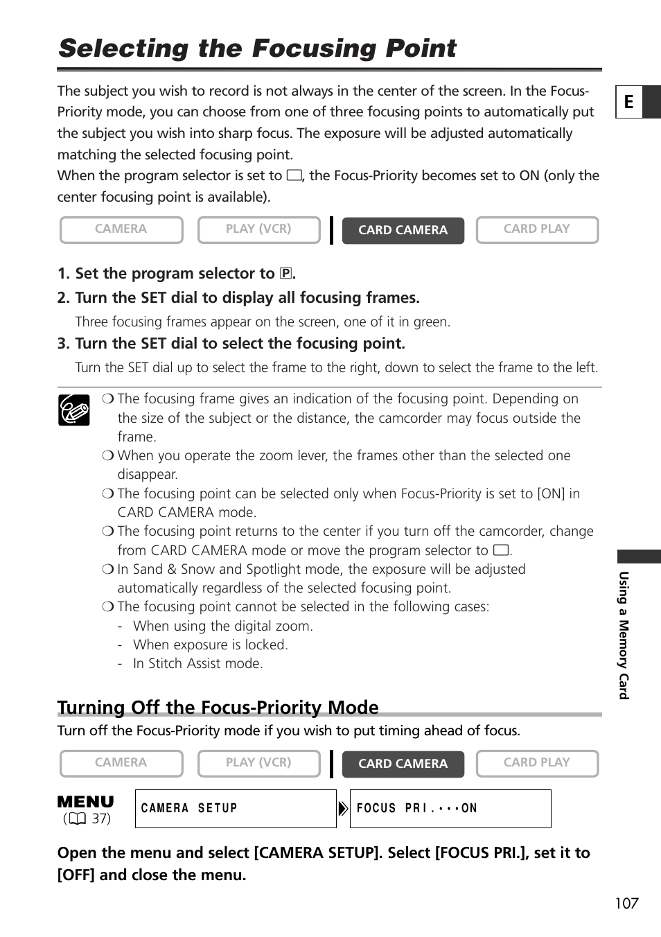 Selecting the focusing point, Turning off the focus-priority mode | U-Line 30 User Manual | Page 107 / 166