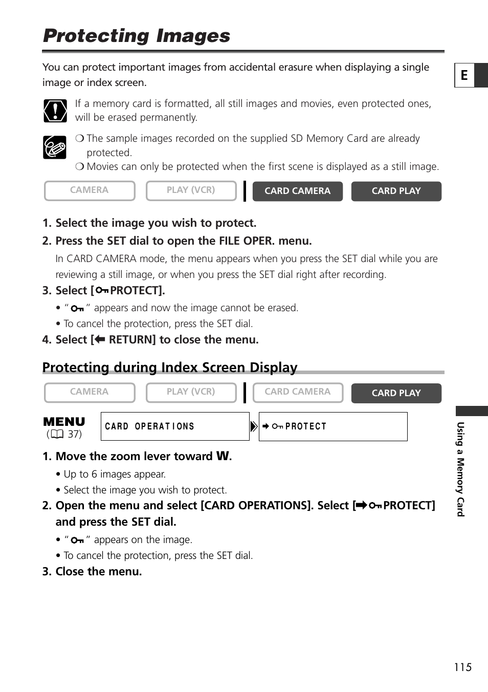 Protecting images, Protecting during index screen display | U-Line 30 User Manual | Page 115 / 166