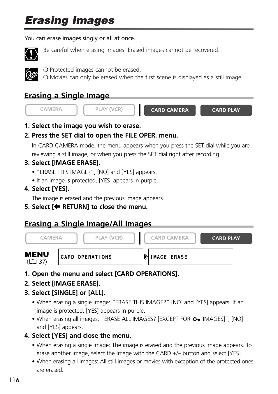 Erasing images, Erasing a single image, Erasing a single image/all images | U-Line 30 User Manual | Page 116 / 166