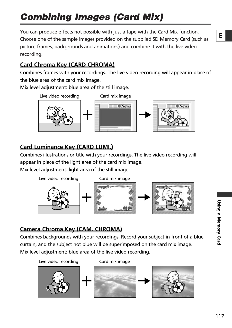 Combining images (card mix), Card chroma key (card chroma), Card luminance key (card lumi.) | Camera chroma key (cam. chroma) | U-Line 30 User Manual | Page 117 / 166